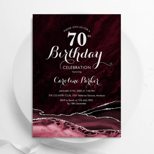 Burgundy Silver Agate Marble 70th Birthday Invitation (Creator Uploaded)