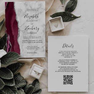 Burgundy Silver Agate Marble QR Code Wedding Invitation