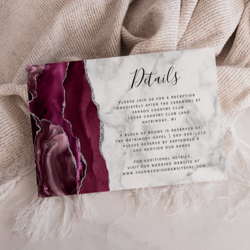 Burgundy Silver Agate Marble Wedding Details Enclosure Card