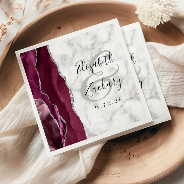 Burgundy Silver Agate Marble Wedding Napkins (Creator Uploaded)