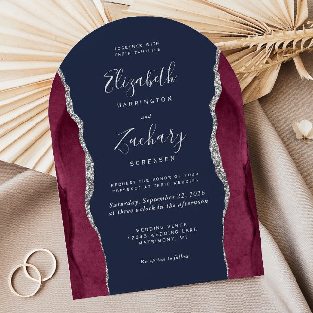Burgundy Silver Agate Navy Blue Arch Shape Wedding Invitation (Creator Uploaded)