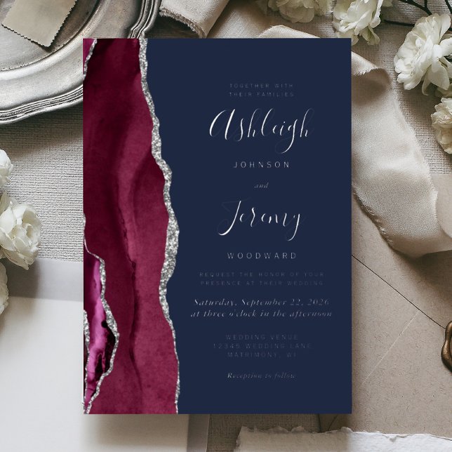 Burgundy Silver Agate Navy Blue Modern Wedding Foil Invitation (Creator Uploaded)