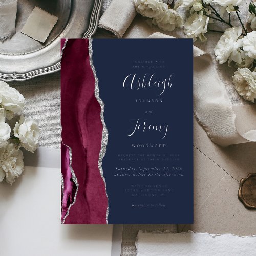 Burgundy Silver Agate Navy Blue Modern Wedding Foil Invitation