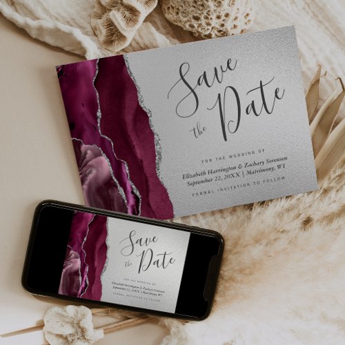 Burgundy Silver Agate Navy Blue Save the Date Invitation