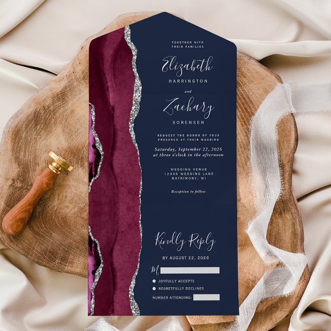 Burgundy Silver Agate Navy Blue Wedding All In One Invitation (Creator Uploaded)