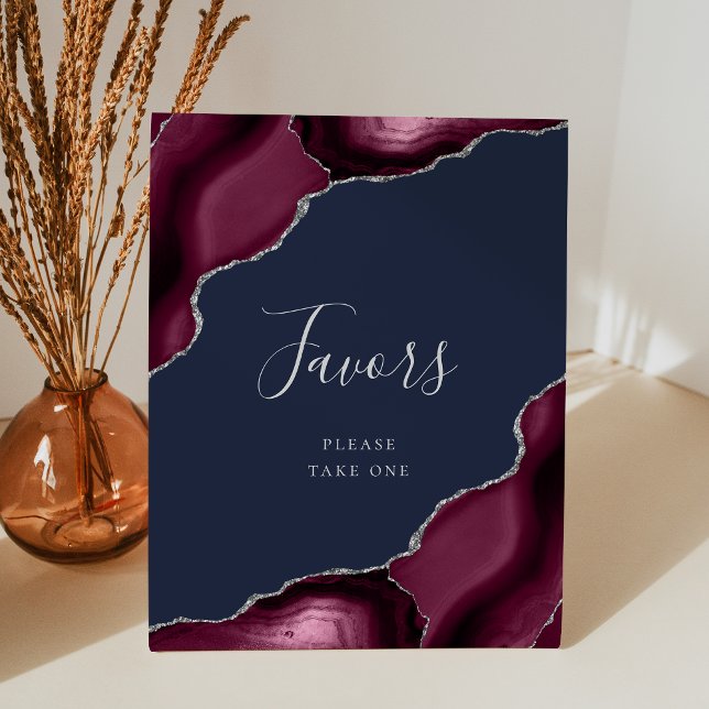 Burgundy Silver Agate Navy Blue Wedding Favors Pedestal Sign (Creator Uploaded)