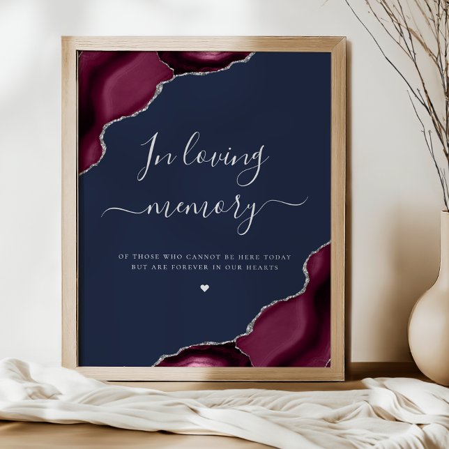 Burgundy Silver Agate Navy Blue Wedding Memorial Poster (Creator Uploaded)
