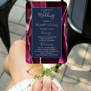 Burgundy Silver Agate Navy Blue Wedding Program Hand Fan