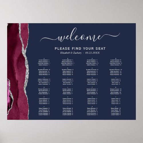 Burgundy Silver Agate Navy Blue Wedding Seating Poster