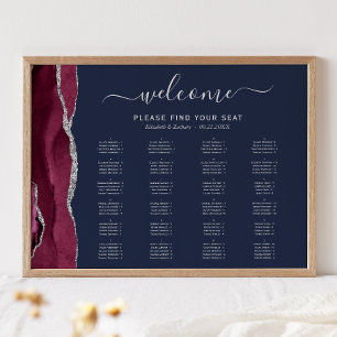 Burgundy Silver Agate Navy Blue Wedding Seating Poster