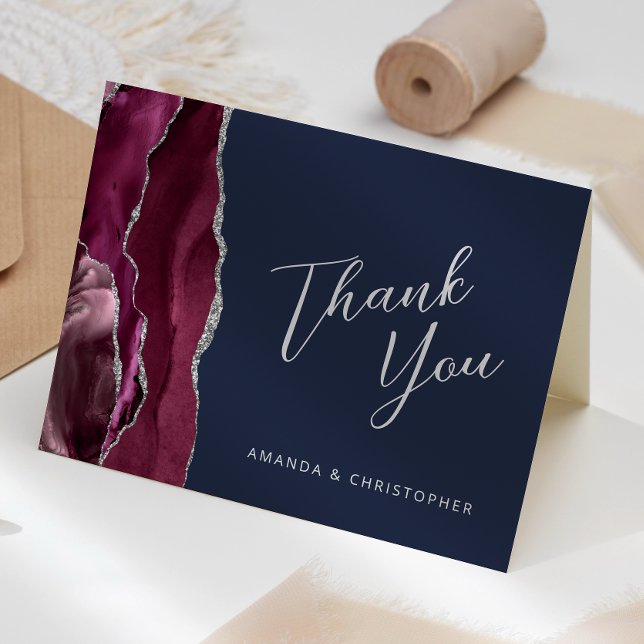 Burgundy Silver Agate Navy Blue Wedding Thank You Card (Creator Uploaded)