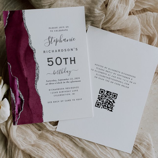Burgundy Silver Agate QR Code 50th Birthday Invitation (Creator Uploaded)