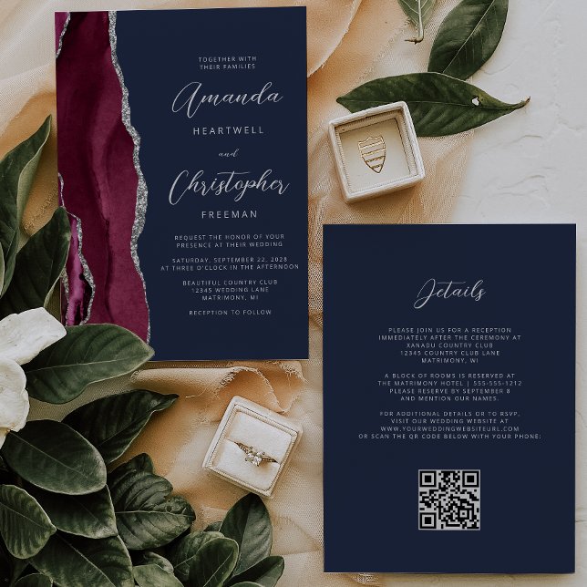Burgundy Silver Agate QR Code Navy Blue Wedding Invitation (Creator Uploaded)