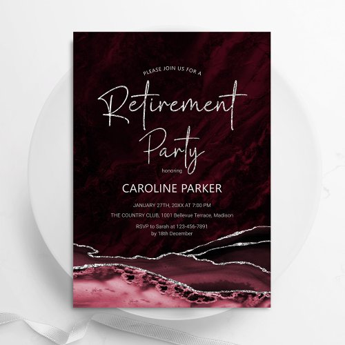 Burgundy Silver Agate Retirement Party Invitation