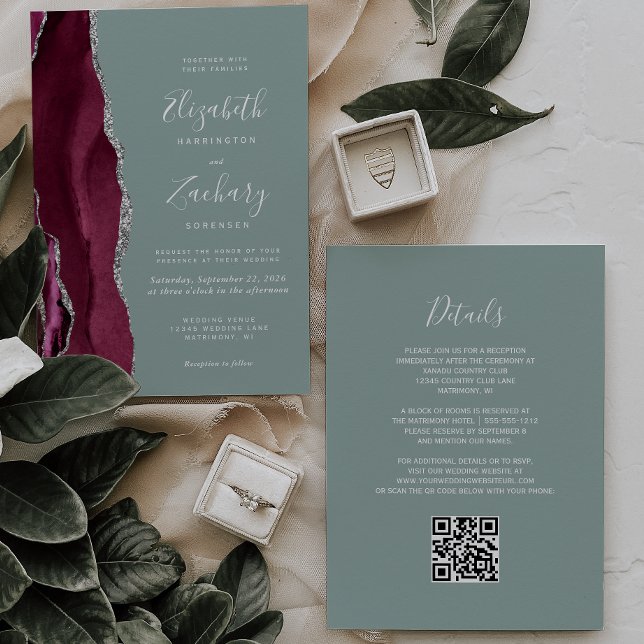 Burgundy Silver Agate Sage Green QR Code Wedding Invitation (Creator Uploaded)