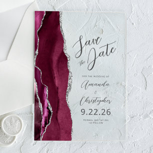 Burgundy Silver Agate Script Save the Date