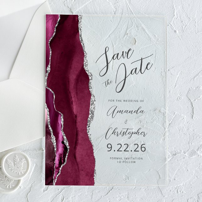 Burgundy Silver Agate Script Save the Date (Creator Uploaded)