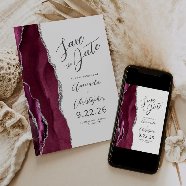 Burgundy Silver Agate Script Save the Date Announcement (Creator Uploaded)