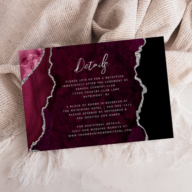 Burgundy Silver Agate Script Wedding Details Enclosure Card (Creator Uploaded)