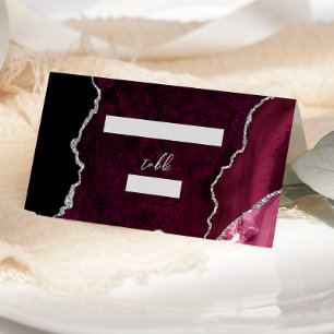 Burgundy Silver Agate Script Wedding Table Place Card