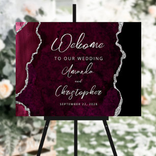 Burgundy Silver Agate Script Wedding Welcome Foam Board