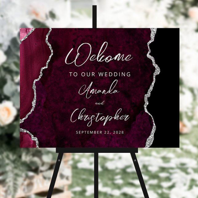 Burgundy Silver Agate Script Wedding Welcome Foam Board (Creator Uploaded)