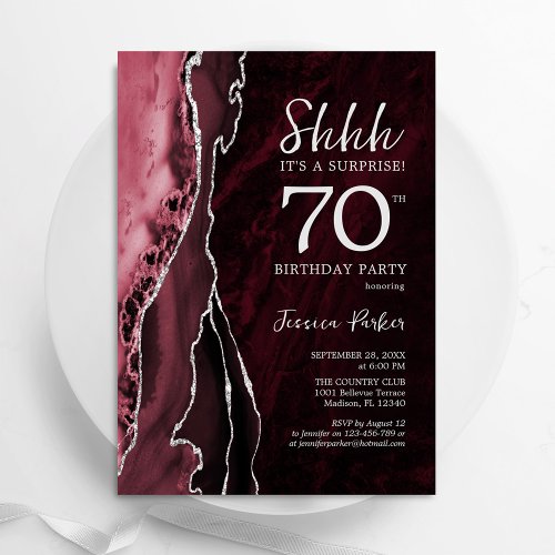 Burgundy Silver Agate Surprise 70th Birthday Invitation