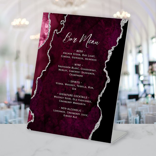 Burgundy Silver Agate Wedding Bar Menu Pedestal Sign (Creator Uploaded)