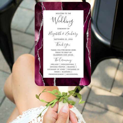 Burgundy Silver Agate Wedding Program Hand Fan