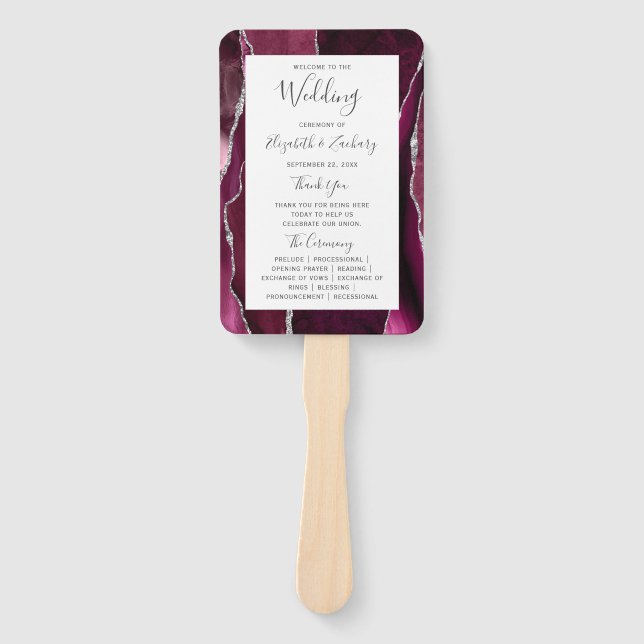 Burgundy Silver Agate Wedding Program Hand Fan (Front)