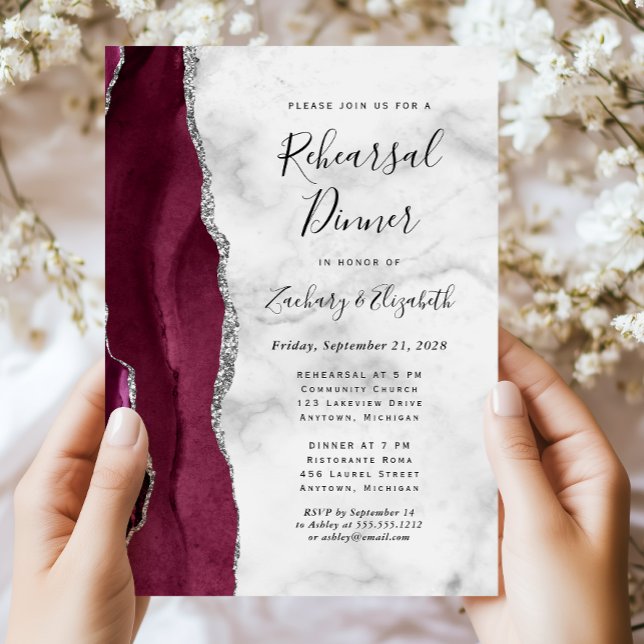 Burgundy Silver Agate Wedding Rehearsal Dinner Invitation (Creator Uploaded)