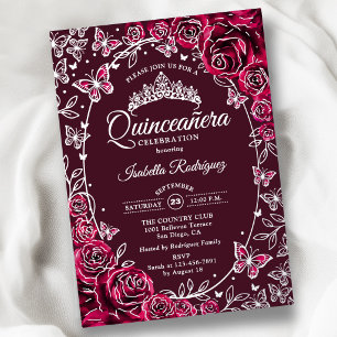 Burgundy Silver Butterflies Roses Quinceanera Foil Invitation