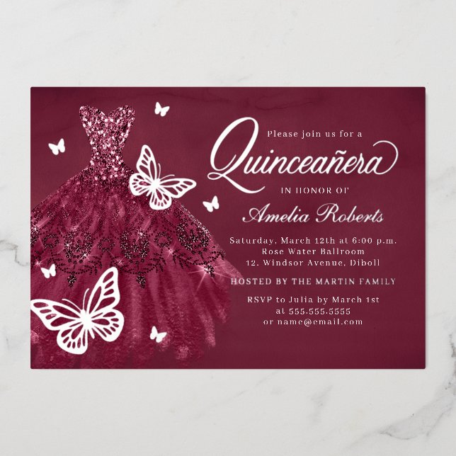 Burgundy Silver Butterfly Dress Quinceanera  Foil Invitation (Front)