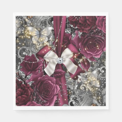 Burgundy silver butterfly rose shabby vintage  napkins