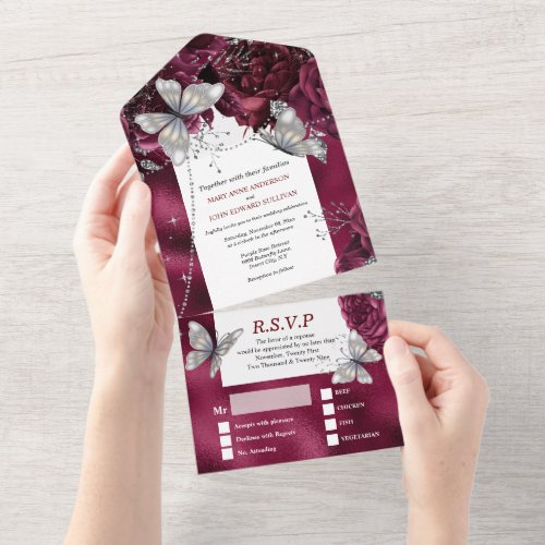 Burgundy silver butterfly shimmer maroon rose  all in one invitation