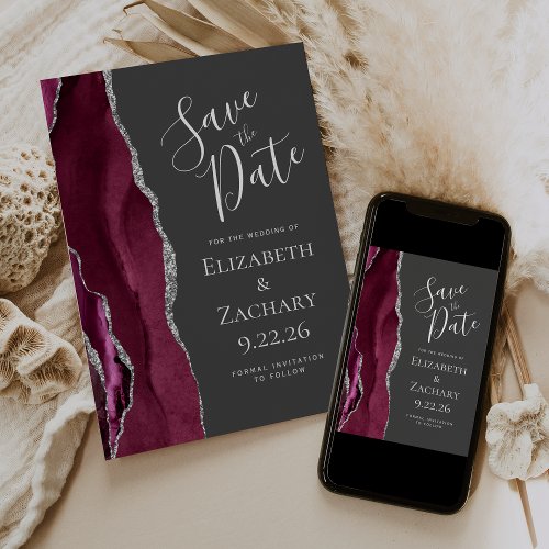 Burgundy Silver Charcoal Gray Photo Save the Date Invitation