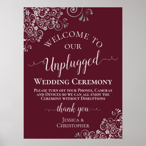 Burgundy  Silver Chic Unplugged Wedding Ceremony Poster