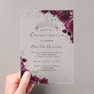 Burgundy Silver Clear Acrylic Floral Quinceanera Invitations