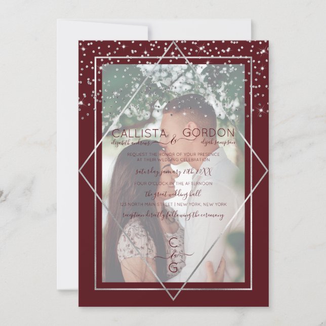 Burgundy Silver Confetti Geo Border Photo Wedding Invitation (Front)