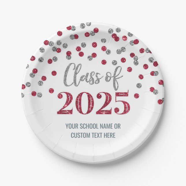 Burgundy Silver Confetti Graduation 2025 Paper Plates (Front)