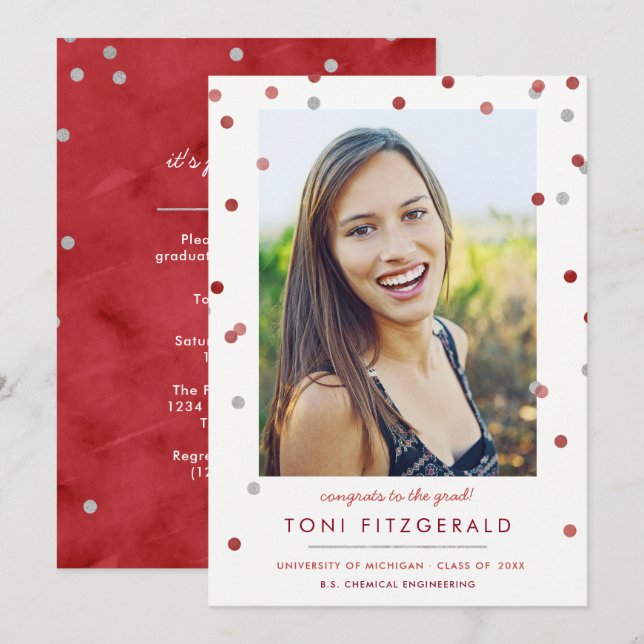 Burgundy & Silver Confetti Photo Graduation Invitation (Front/Back)