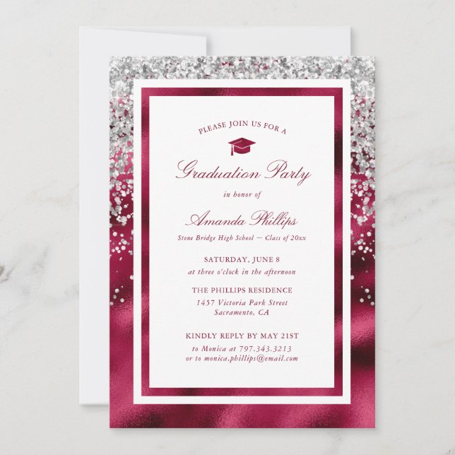 Burgundy Silver Confetti Photo Graduation Party Invitation (Front)