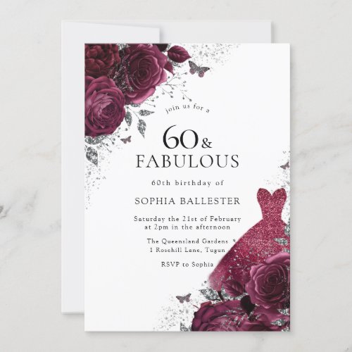 Burgundy  Silver Dress Floral Roses 60th Birthday Invitation