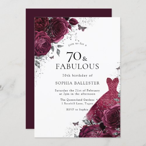 Burgundy  Silver Dress Floral Roses 70th Birthday Invitation