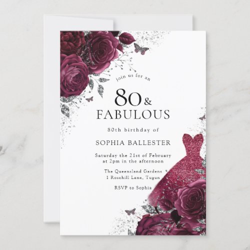 Burgundy  Silver Dress Floral Roses 80th Birthday Invitation