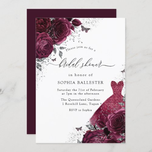 Burgundy Silver Dress  Floral Roses Bridal Shower Invitation