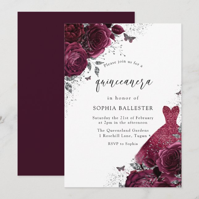 Burgundy & Silver Dress & Floral Roses Quinceanera Invitation (Front/Back)