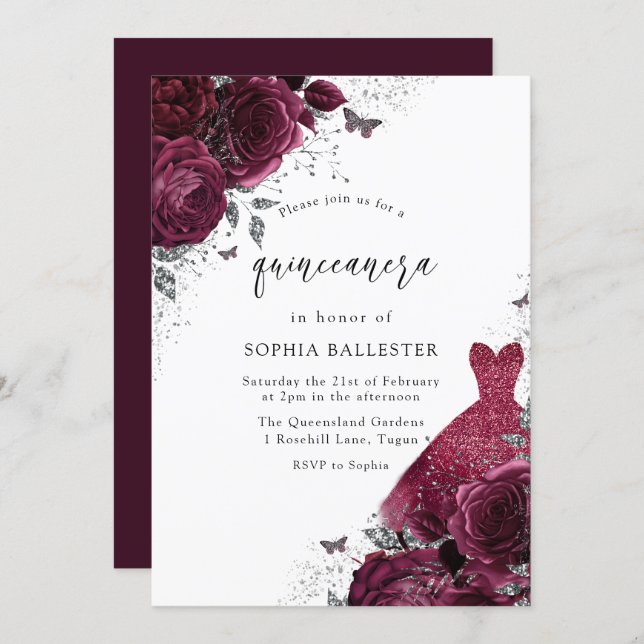 Burgundy & Silver Dress & Floral Roses Quinceanera Invitation (Front/Back)