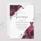 Burgundy & Silver Dress & Floral Roses Quinceanera Invitation (Front)