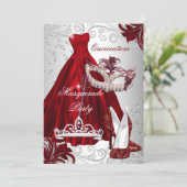 Burgundy Silver Dress masquerade Quinceanera mask Invitation (Standing Front)